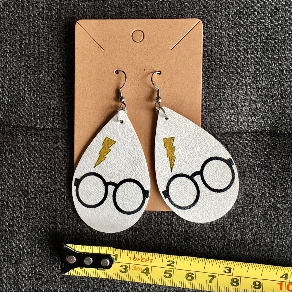 Harry Potter Leather Dangle Earrings, White, Black, Lime Green - Picture 9 of 14